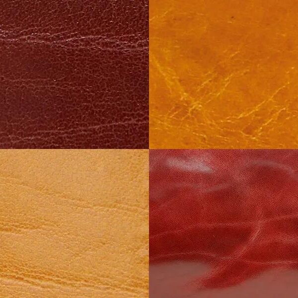 Four-panel grid showing close-up leather textures in four colors: deep burgundy top-left, golden amber top-right, pale tan bottom-left, and glossy cherry red bottom-right