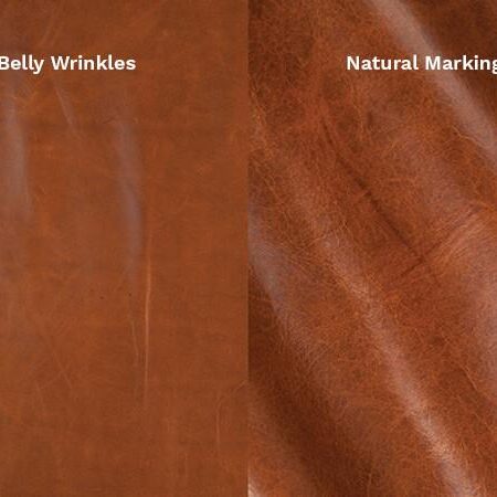 Four-panel comparison showing natural leather variations: neck wrinkles, belly wrinkles, natural markings, and grain variation in tan-brown leather