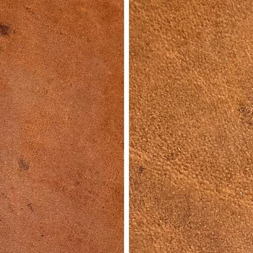 Side-by-side comparison of two leather surface imperfections: clustered insect bite marks on the left and a healed abrasion or tick bite on the right