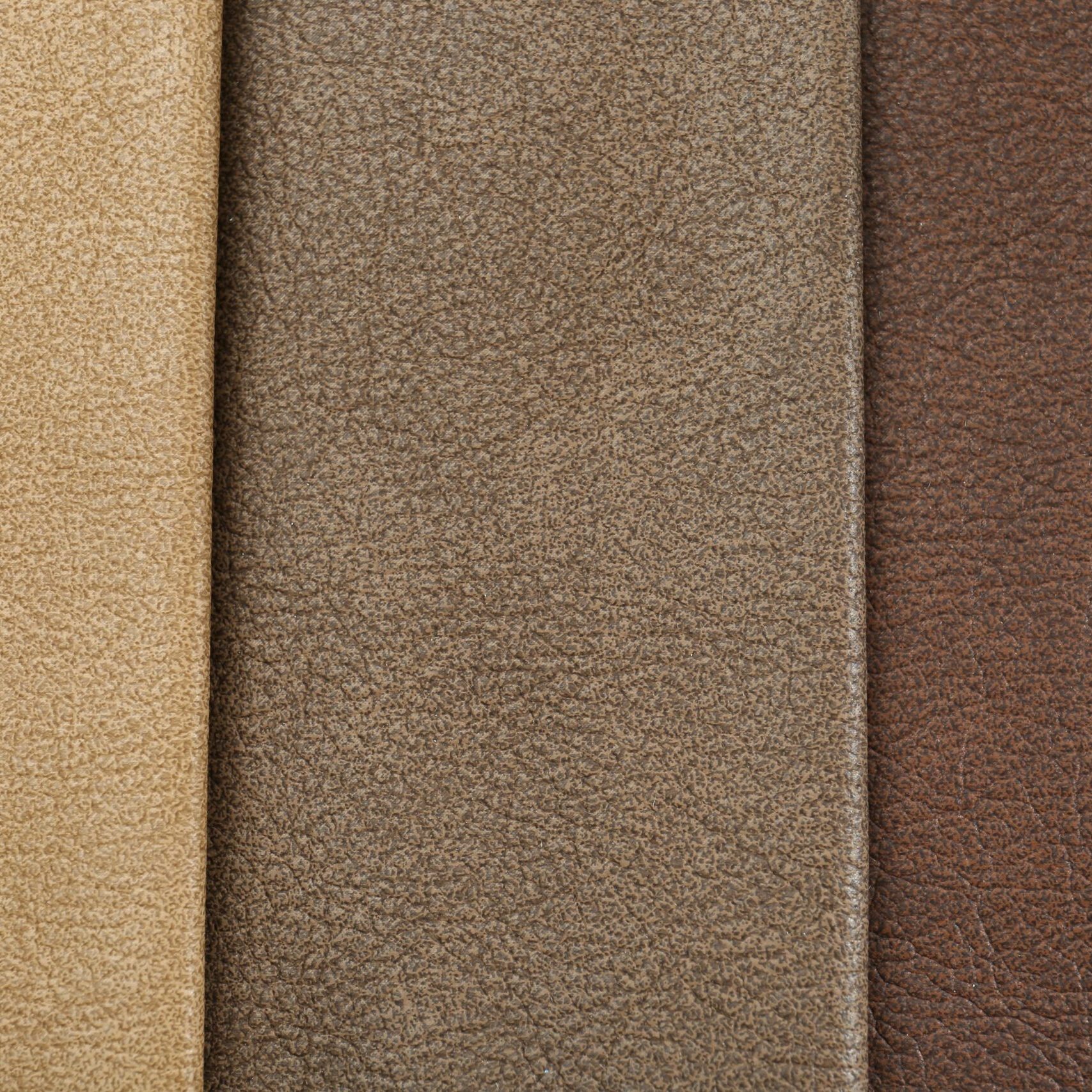 Three overlapping leather swatches displayed side by side in cream, taupe-olive, and dark chocolate brown, showing different grain textures