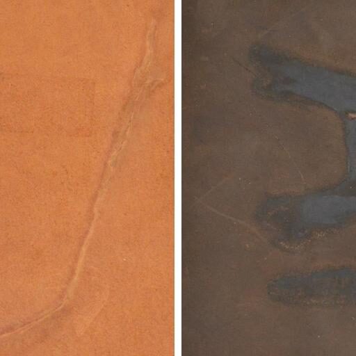 Two-panel comparison of cattle brand marks on leather: a faint brand outline on tan leather on the left, and a deeply burned brand mark in dark leather on the right